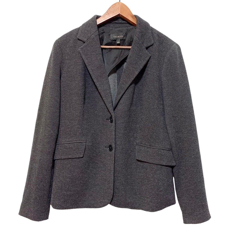 TALBOTS Jacket Blazer Size Large Black Gray Two Buttons Knit Long Sleeve